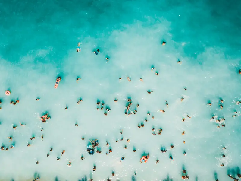 Aerial view of clear ocean water full of swimmers